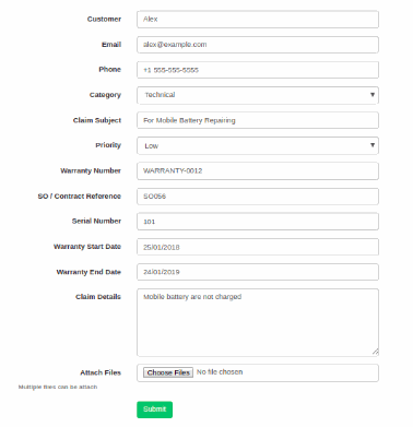 Warranty Claim Request Form on the Website