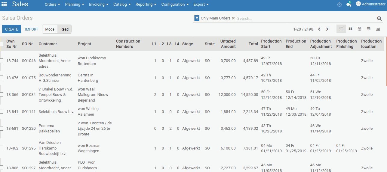 All the details will display in sales order lines production dates, production adjustments, location Construction numbers, etc.