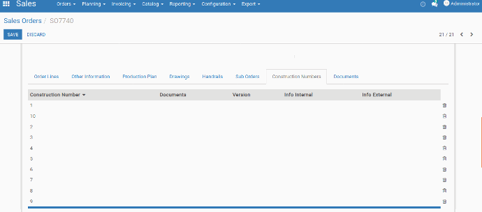 User can create construction with start and end number also add a prefix and suffix in the construction number form.