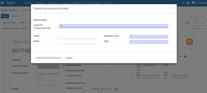 User can create construction with start and end number also add a prefix and suffix in the construction number form.