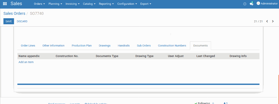User can add Documents, Construction numbers, Document type, etc. within the sales order.