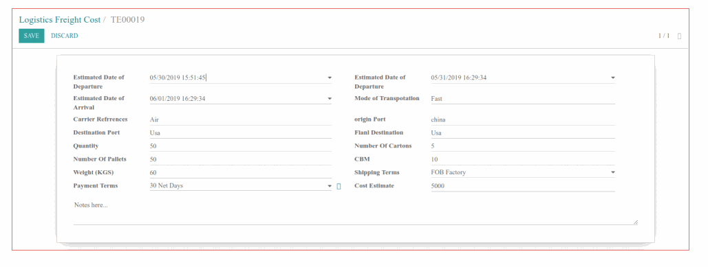 The Logistics freight cost details are filled from here.