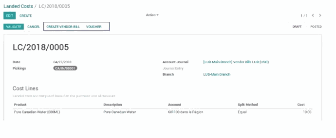 User Can create a vendor bill / Voucher (Purchase Receipt) from the Landed cost screen.