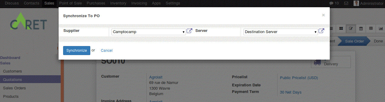 In Sale Order State Sync Button is visible, Allows to select supplier and server.