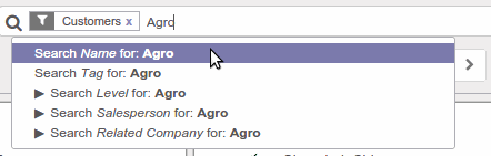 Odoo provides search view for filter and searches specific data.  For example, the "customer" filter is already there to open up a customer list. The "Name" filter that limits the customers with that name. When we type any word in the search box, it will now display all available filters in a drop-down list as shown in the image.