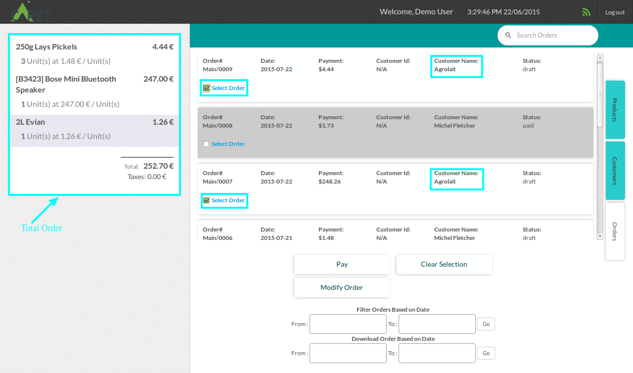 Show total orders in POS with different filters like Draft, Paid, Done.  Pay Multiple orders of same customers at a time.