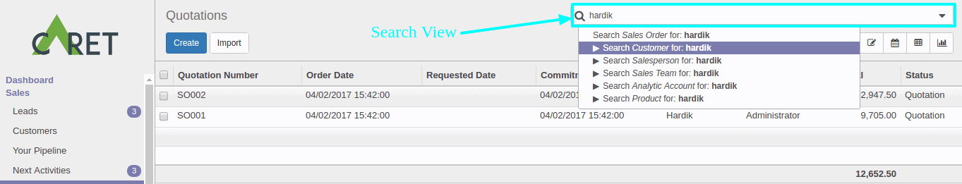 Add all the fields that you want to search when a user types in the search box. Here, I have added 'name', 'contact' as searchable fields.To add a Group By filter, add the field as a value in the ‘context’ dictionary with key ‘group_by’. ere, I have added Group by for 'Customer', 'Order Month'.To add a Domain Filter, add your domain to the ‘domain’ attribute. Here, I have added Domain Filter for ‘Physically Disabled’ and ‘Current Year’. By seeing the code you will come to know how to write your own domain.