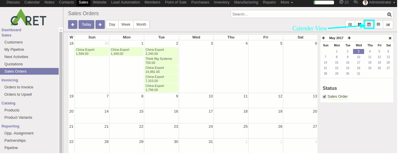 Available attributes on the calendar view are:  date_start (required): Name of the record's field holding the start date for the event.   date_stop: Name of the record's field holding the end date for the event, if date_stop is provided records become movable (via drag and drop) directly in the calendar.   date_delay: Alternative to date_stop, provides the duration of the event instead of its end date. 