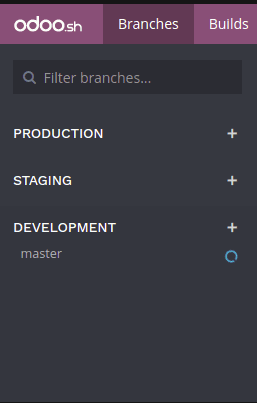 Odoo.sh offers three different stages for your branches    Production     Staging     Development  You can change the stage of a branch by drag and dropping it on the stage section title.