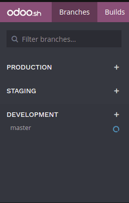 Odoo.sh offers three different stages for your branches Production Staging Development You can change the stage of a branch by drag and dropping it on the stage section title.