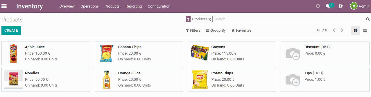 Inventory Management The Odoo inventory management solution provides facilities to manage a wide range of products, tracking stock movement, displaying stock numbers, notifying users in case a product is running out of stock, etc. Inventory management also provides solutions for product variants. Such as a T-shirt is sold in four different sizes in the retail outlet, the solution should count it as a single product with four different variants, as opposed to counting it as four different products.   Product creation Users can create a Stackable, Consumable, and Service type product with tax and other details