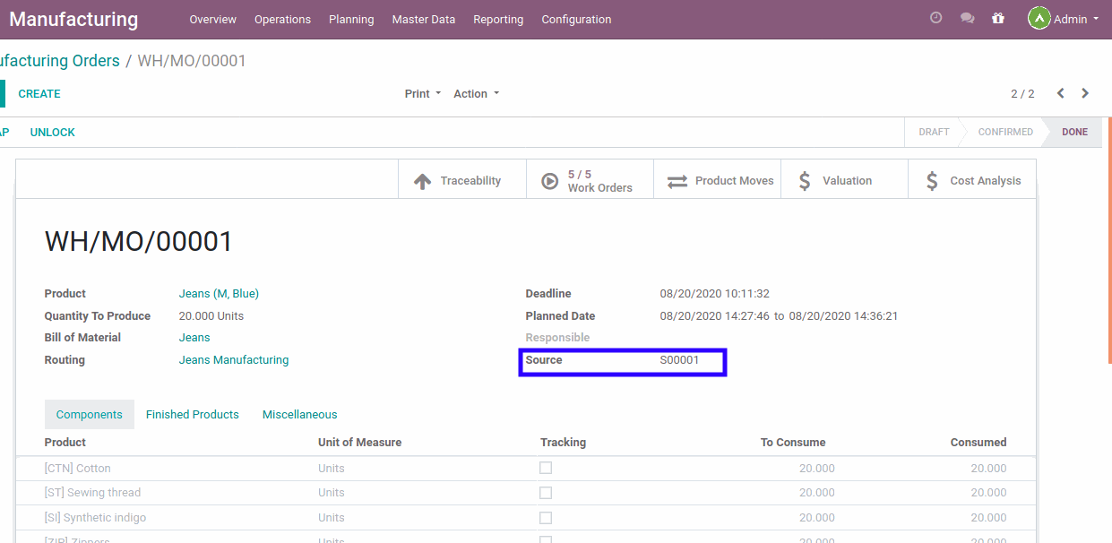 Manufacturing Order Manufacturing order created from sales order