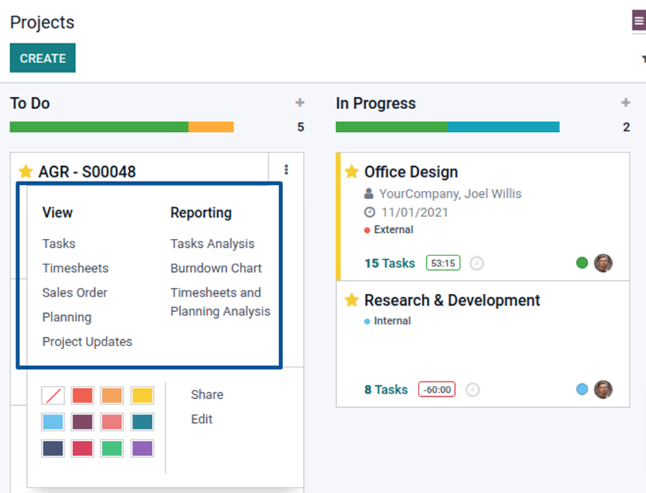Project Management  The dashboard of the module helps us to have an overview of the projects and have the reporting of the same as well.