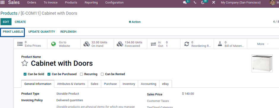 Print Product Label:  Users will be able to print labels for products, these labels consist of product internal reference, barcode and price tag. Users will be able to generate labels for one product.