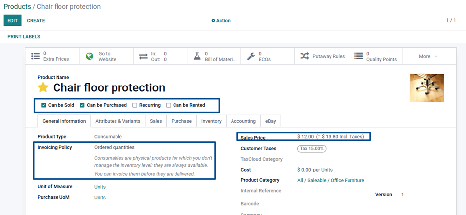 Product Template form view: