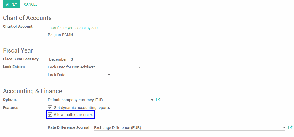 How is Odoo's multi-currency working? Odoo provides multi-currency support with automatic currency gross or loss entry adjustment. There are a few things Odoo has been to ease the user's life. Choosing to use the multi-currency option in Odoo will allow you to send sales invoices, quotes, and purchase orders or receive bills and payments in currencies other than your own. With multi-currency, you can also set up bank accounts in other currencies and run reports on your foreign currency activities.  Configuration Turn on multi-currency  In the accounting module, Go to Configuration ‣ Settings and flag Allow multi-currencies, then click on Apply.