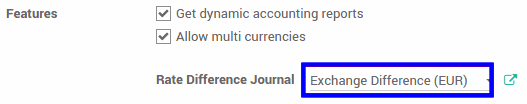 Exchange Rate The Rate Difference Journal records the differences between the payment registration and the expected amount. For example, if a payment is paid 1 month after the invoice was issued, the exchange rate has probably changed. The fluctuation implies some loss or profit that are recorded by Odoo.  You can change it in the settings: