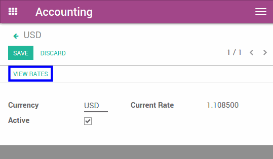 View or edit rate being used You can manually configure the currency rates in Configuration > Currencies. Open the currencies you want to use in Odoo and edit it. Make sure the currency is active.