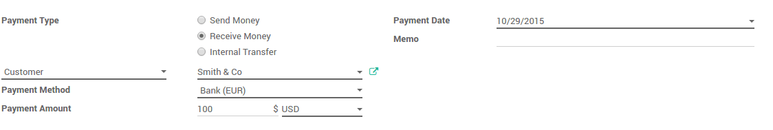 Payment Registrations  In the accounting application, go to Sales > Payments. Register the payment and set the currency.