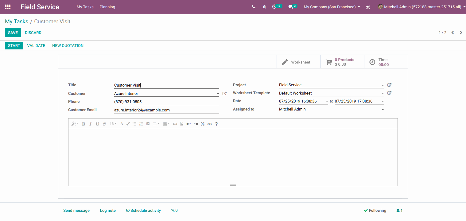 Easy to create and assign new tasks to individuals. In creating task users have to add a title for a task, Customer name and their necessary details, set project and add worksheet template. This task on project stored information about worksheet on task, quotation on task invoice in task, and time that the user spends.