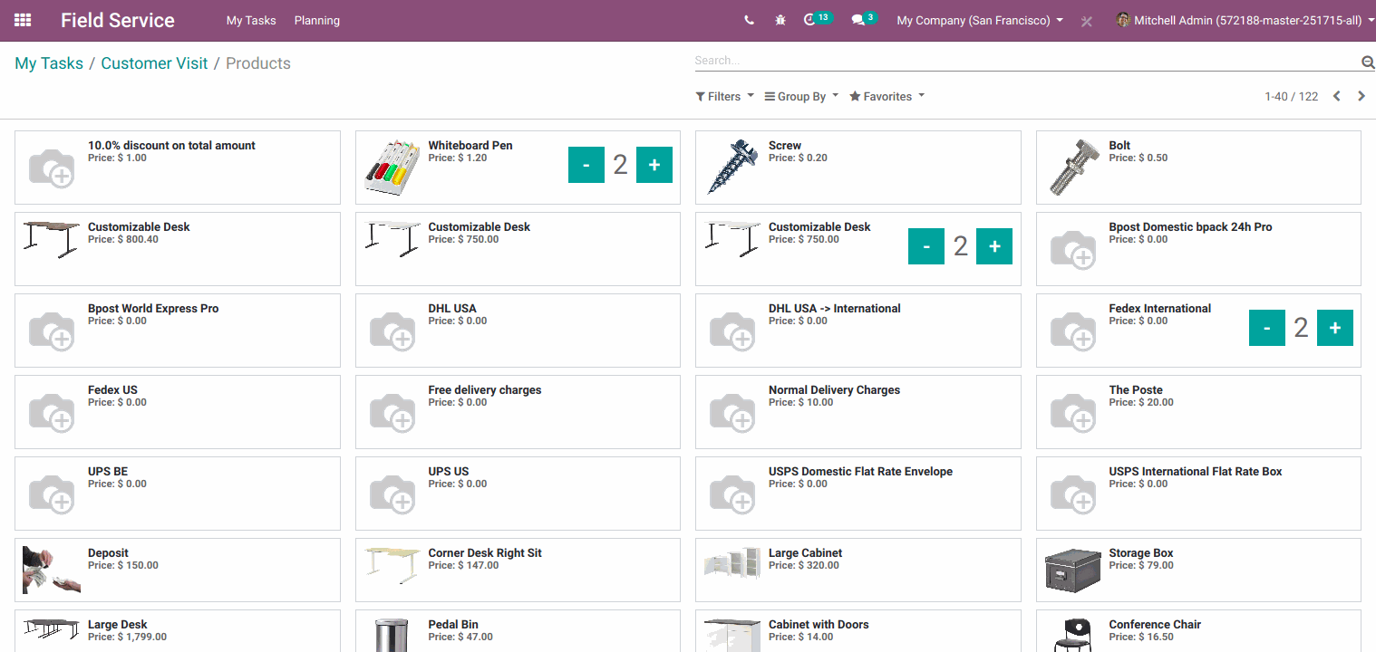 Create different service products for operations Users can add products on using the Products button. Added products show on products button user can see on task. Users can add Multiple products on task.  After adding products on task the user can stop the timer using the "Stop" button on task.  It will show you spent time on task.