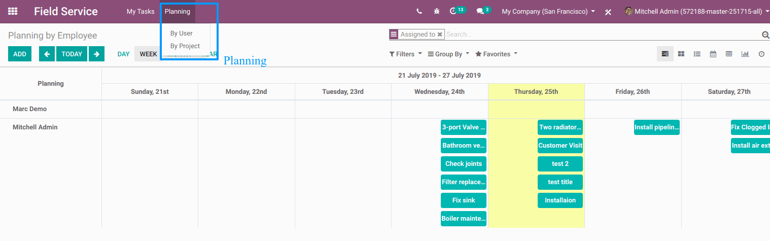 Simplify scheduling with an easy-to-use calendar. In Odoo Field Service App users can easily plan their Task and Activities.  User Can filter tasks by User-wise and by their Project-wise.  User can also able to see their tasks for day-wise, week-wise, months-wise, and week-wise.