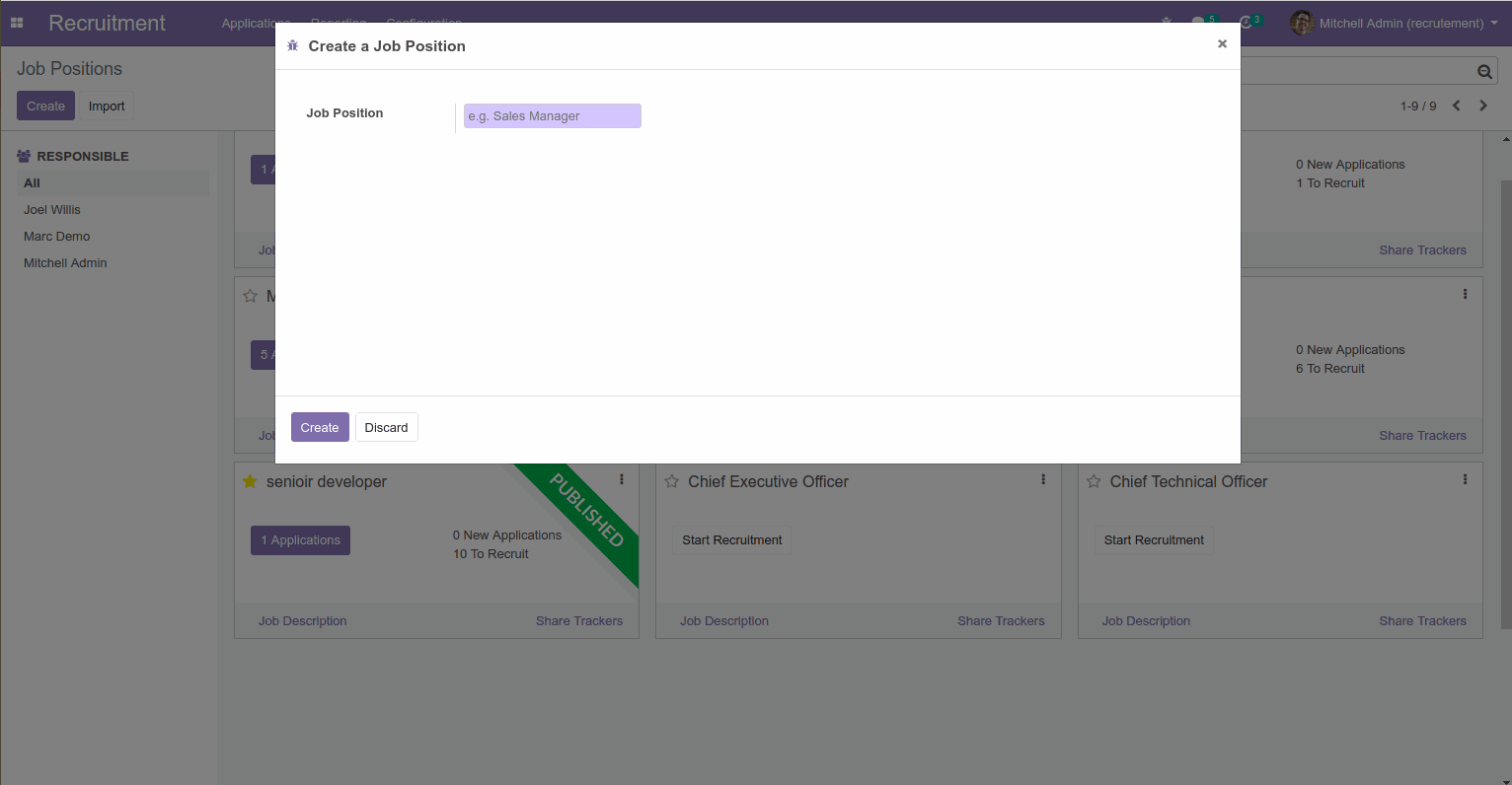 Recruitment Process In the recruitment process, there are many tools used on a daily basis, like leave, fleet, meetings, job positions, applicants, employees, payroll, contracts, expenses, appraisals, etc.  Some might be in Excel, the other might be in software, and some might be in on paper. Users need to use this on a daily basis, and it might take a lot of time. All this integration makes it a nightmare soon.  Another tool in typical HR departments is contracts, appraisal forms, leave approvals, and interview reports, which have a lot of paper to hang on. Because they need a lot of people, they have other forms to fill out, like contact forms, appraisal forms, leave approvals, interview reports, etc..  How Odoo Can Help Odoo is fully integrated and totally paperless, so all the different tools we described above there are integrated into Odoo. So, no more different tools to use, just login to Odoo and you can manage your recruitment process easily.  Odoo makes it easy to handle the recruitment process by ensuring the feasible HR process. Here we have recruitment plugins related to HR. Officers or managers can create and launch various job positions for recruitment. For these positions, users can either manually apply or through the website. For that, we have to install an extra plugin named "online jobs related to recruitment." This plugin actually provides the functionality to publish or unpublished the jobs. Each application submitted through the web portal is recorded on the backend for further processing.  Let's see how the user can configure the recruitment process in the Odoo ERP System.  Create Job Position The user has to give the name of the Job Position.  If the user uses multi-website functionality in Odoo, then the user must be select a website on which they would like to publish this job post, otherwise it would consider all available websites.  The user has to select the department in which we are creating the current position by using the selection list.  Recruitment Responsible is usually will be department head or manager.  Expected New employees are a Total number of employees need to be recruited.