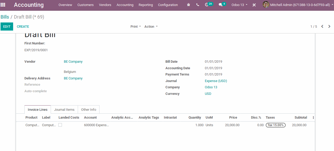 Accounting ➤ Vendor ➤ Bills