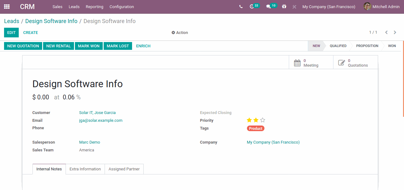 Conversion Action Opportunity  Convert to Opportunity Convert lead into an opportunity   Merge with existing Opportunities. It is used when the opportunity already exists and we want to merge the current lead into that opportunity.  Customer  Create a new customer When the customer does not exist in the system so Odoo will automatically create the customer.  Link to existing customer When customer already exists in the system so we need to select a customer and lead will automatically link with that customer.  After convert lead into the opportunity, it will display in CRM Dashboard