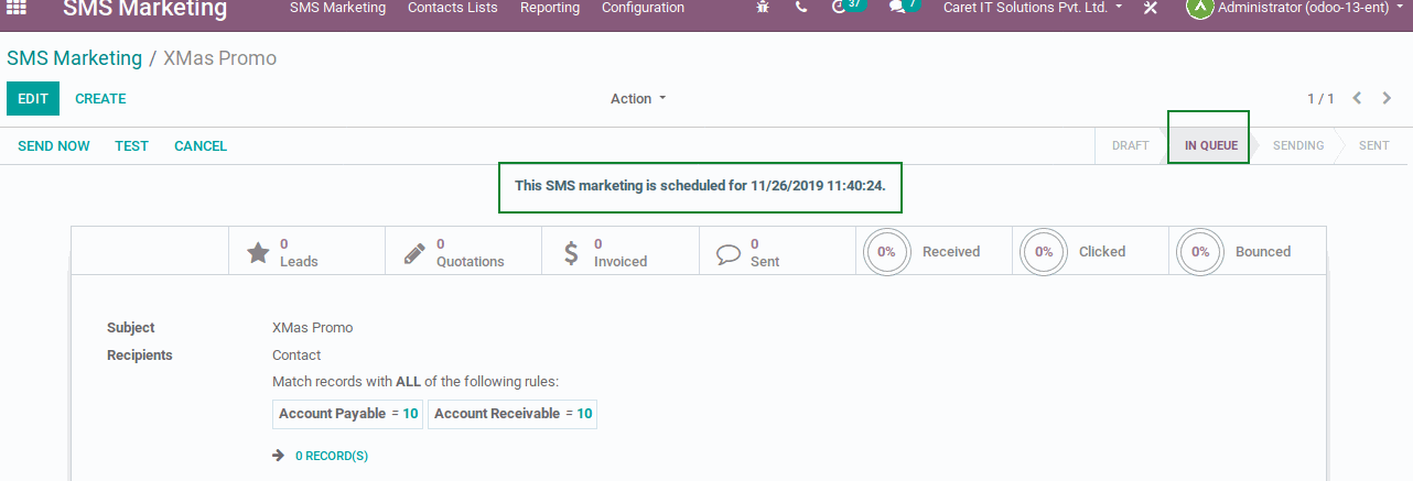 Schedule: allows you to choose a day and time. The best option for mailings that I would like to send during a specific event is to promote an offer while it is active or to simply plan a content strategy in advance.  Test: allows you to send an SMS to one or more numbers for testing purposes: Suppose, if the link provided lands on the right page while making sure they are responsive.   If sending it to multiple numbers, then a comma between them is a must.