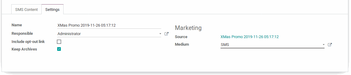 SMS Content tab: links can be included, and Odoo will automatically generate link trackers.   Settings tab: The option includes the opt-out link available. If activated, the contact will be able to unsubscribe from the mailing list if he is not interested in it anymore.