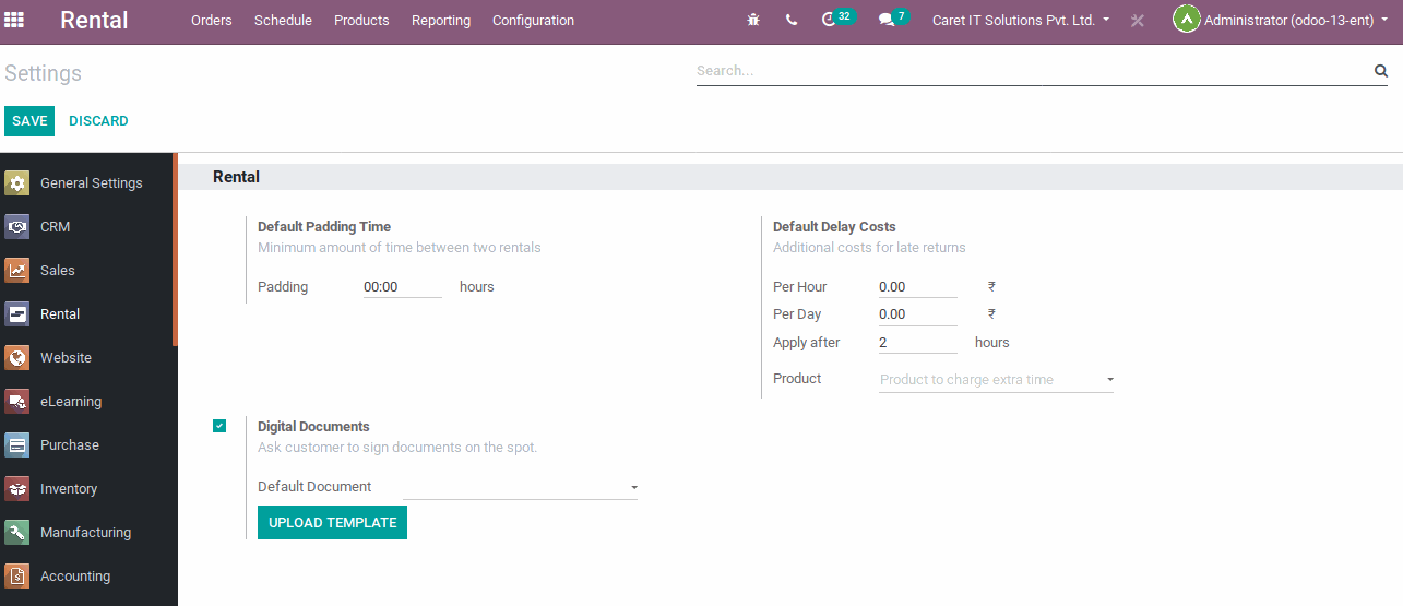 The new rental app is available only in the enterprise version. The Rental app can easily manage rental products, rental orders, rental contracts, incoming receipts, outgoing deliveries, receive payments, communicate about maintenance issues, share documents, etc. in an easy and efficient way.  Configuration Rental ➤ Configuration ➤ Settings