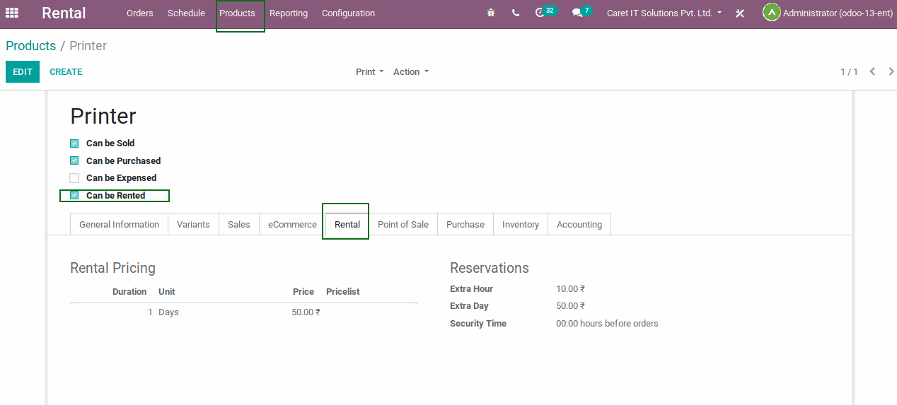 Features Allow Sales Manager to create Rental Products.  Allow product stock availability on website shop for rental products.  Allow the Sales team to confirm rental orders.  Allowed Sales team to create Invoices and recurring invoices.  Sales Manager can manage various Rental duration like days, Months, Years, etc.  Rental product agreement for each rental product  Digital document feature for customer  New products have to be created and when we want to rent some of the products, we can simply tick a checkbox that says it can be rented.  Create a Rental Product Rental ➤ Product