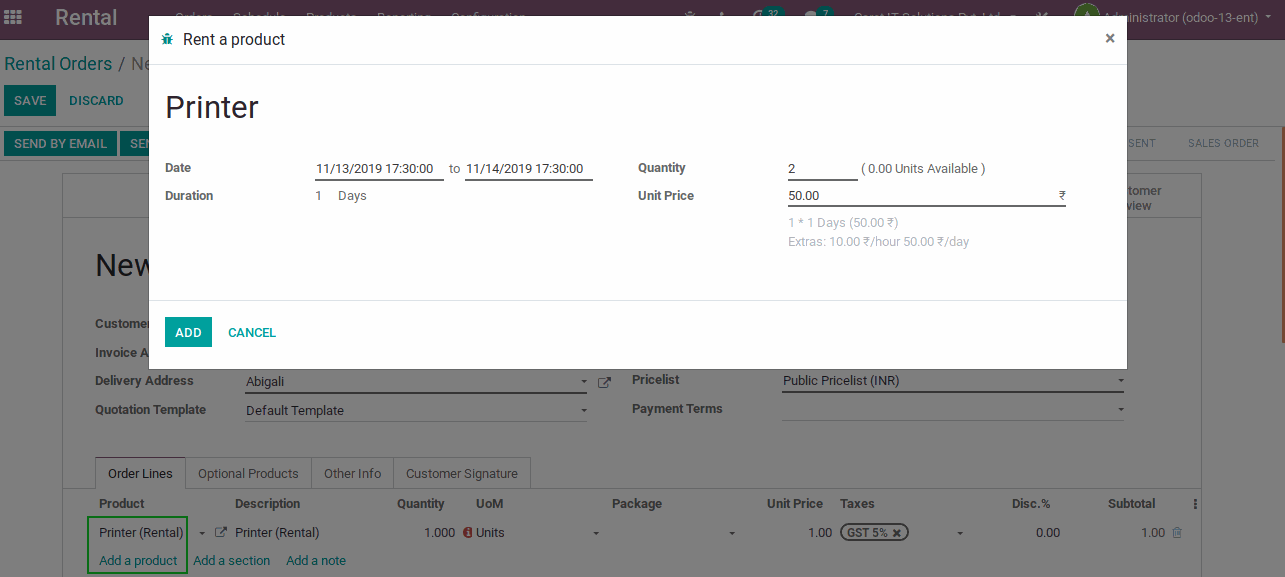 Based on the duration the price will automatically be calculated and filled in the form. When we confirmed the rental order if the product will available so it will become reserved.