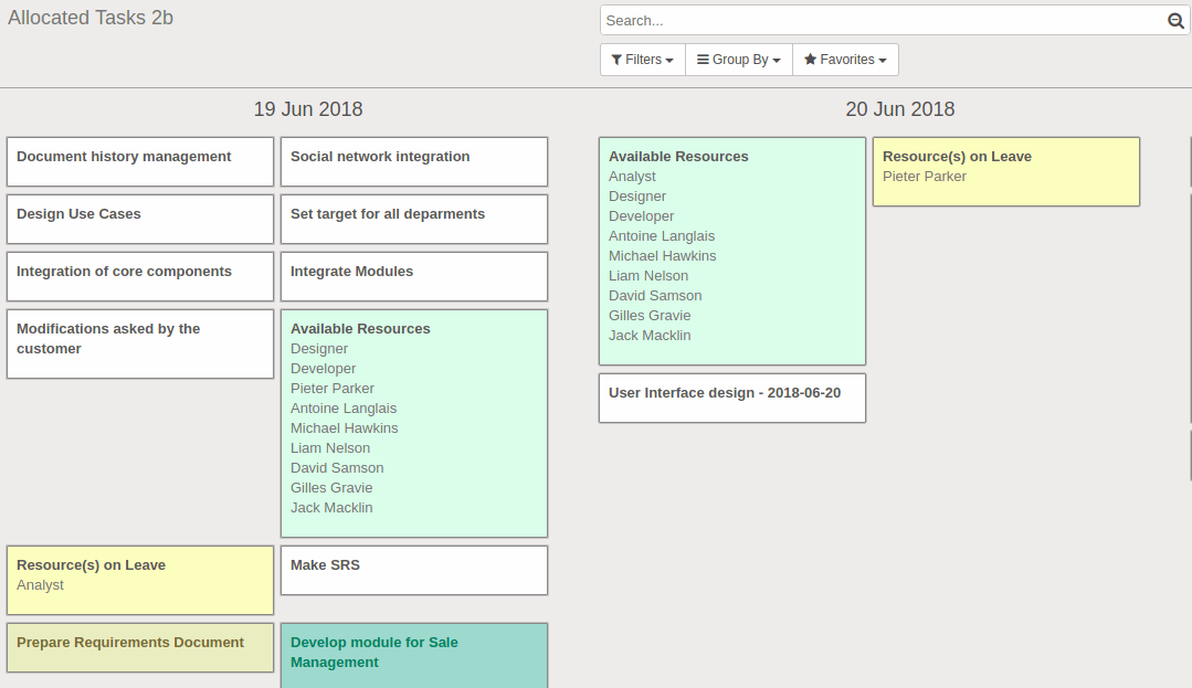 Task Allocation It displays all History tasks from today with available resources, tasks, and resources on leave task.