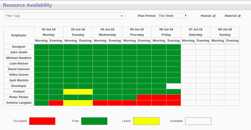 Resource Availability Report A report shows resource availability for the current week, next week, the current month, next month, or a user can see it based on a custom date.