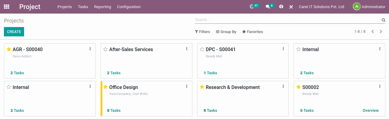 Odoo project management provides basic functionalities related to handling multiple projects in any business. Project management automates the process of managing raw materials, products, and supply lines. It ensures real-time tracking and organizing of projects.   Project management is a time-saving tool that can give us a visual overview of all projects. Odoo project management provides functionalities to manage multiple projects. Odoo project and resource management provide graphical charts, Gantt charts, etc to analyze the progress of tasks and projects.  Features of Odoo Project Management Improved User Interface: A user interface designed for modern project management. It provides all the necessary information required for the project and tasks.  Filters and Groups: It provides smart filters to search for tasks easily. Users can analyze data with multi-level grouping.   Kanban View: Businesses can drag and drop tasks easily with the kanban view. They can change the meaning of tasks/issues and create specific stages per project. Businesses can define the process through custom tools- tips for each stage and even create tasks from the sales order.   Gantt Chart: Users can manage tasks on a timeline with the Gantt chart view. It is easy for users to track deadlines and timeline progress.  Multi-project: Users can work on multiple projects at the same time. They can even perform multi-project searches and analyses.  Email Integration: Odoo project management enables businesses to communicate with existing and potential customers via email. They can get full visibility as all the information is attached to the issue.   Automate Actions: Businesses can use triggers to send automatic emails on different statuses, including customer satisfaction surveys and confirmation of tickets.   Forecasts: Users can forecast projects and resource easily from the Gantt chart taking employee leaves into account.  Dashboard: Users can use predefined dashboards or build their own using the advanced reporting engine.   Project Overview: Users can get important information on their project at a glance: billable hours, time forecasted and time spent.  Project Management Dashboard Users can view all the Project details and tasks created on projects from the dashboard. 