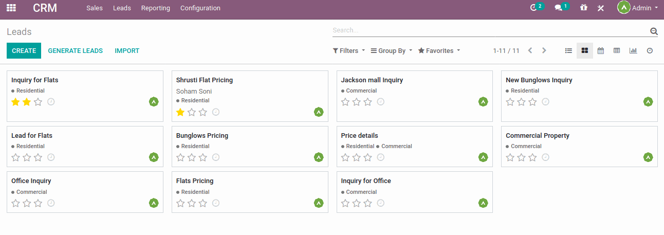 The Odoo Real Estate Management System will help users to manage their properties, property units, tenants, etc. Tenant details allow the user to create tenants and maintain their details in the system. Here, users can generate the tenant and log the necessary information about the tenant and their tenants. The ERP software solutions for real estate property management systems cover all the aspects/requirements/needs of CRM (Customer Relationship Management), Sales, Payment, Purchase, In-house Inventory and Accounting, etc. The CRM for the real estate industry makes it easy to use through the ERP cloud based website. It will help and manage to fulfill all the needs of the property management business, property leasing, commercial & residential real estate, and property agents. CRM Lead Users can create or generate leads from the CRM Leads menu. Users can also generate leads from their emails.