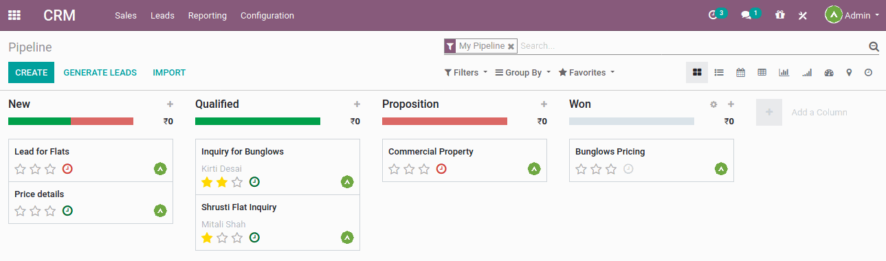 Pipeline / Opportunities Users can convert leads into opportunities and check the process into the CRM pipeline. Users can also set the activities in opportunities like calls, emails, meetings, etc. as per their requirements. 