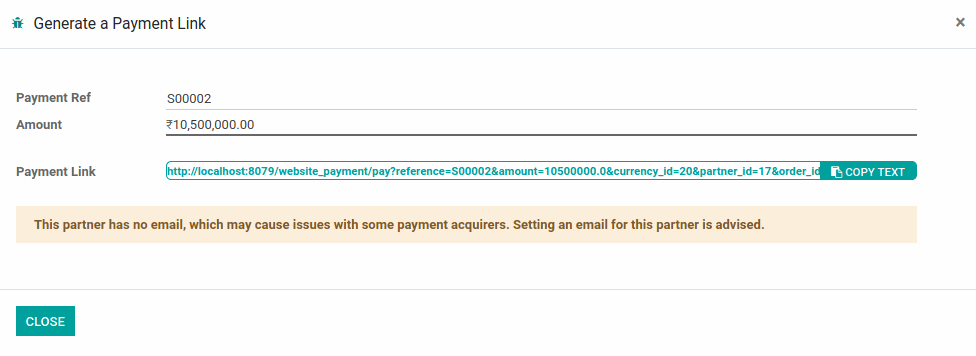 After confirming the sales order users can generate the payment link to do payment by credit card or UPP like payUmoney, Paytm, etc.