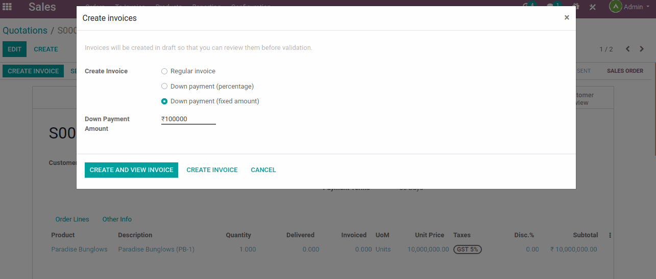 Accounting Management Create a Customer Invoice with a down payment.