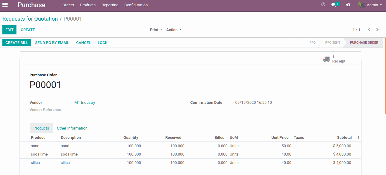 Purchase Management Purchase Order Create a purchase RFQ and confirm it to create a Purchase Order.