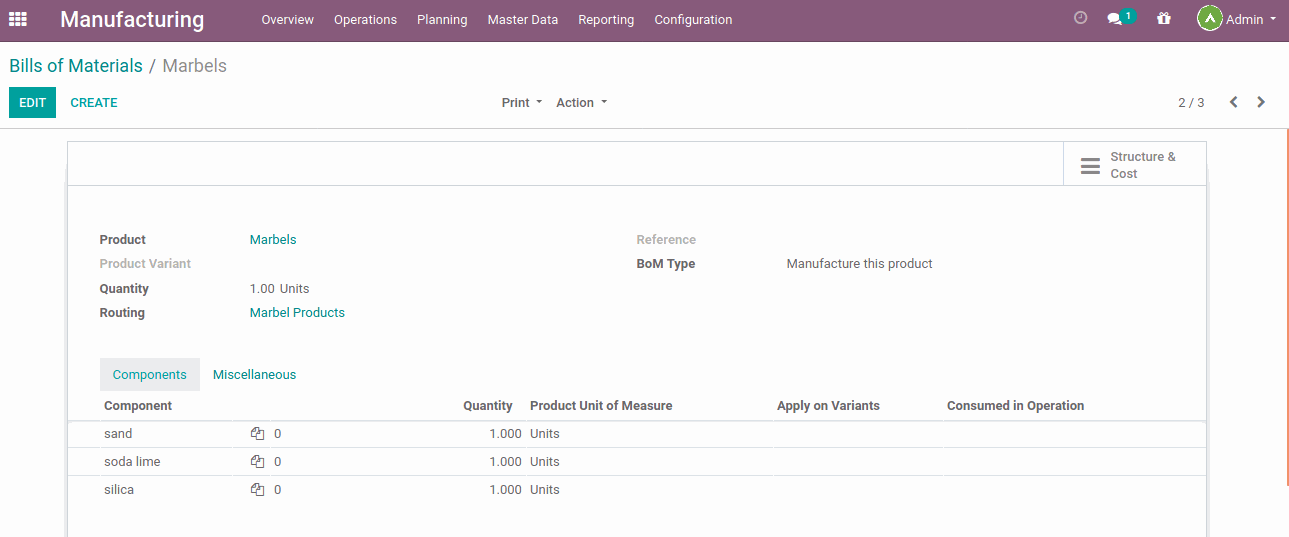 Manufacturing Bill of Materials Users can set the component for manufacturing products in the Bill of materials. And also set routing in it.