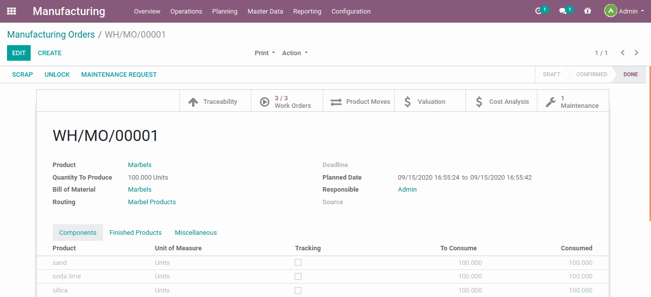 Manufacturing Order After finishing the manufacturing order users can see the work order details, product traceability, Valuation, Cost analysis, and maintenance details in a single form with a smart button.