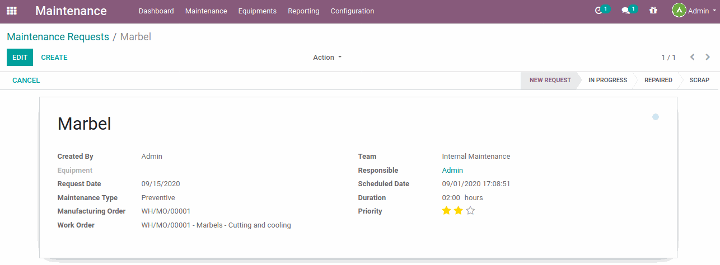 Maintenance Management Maintenance Request  After the manufacturing product users can set the maintenance by 2 different types of Preventive and Corrective.