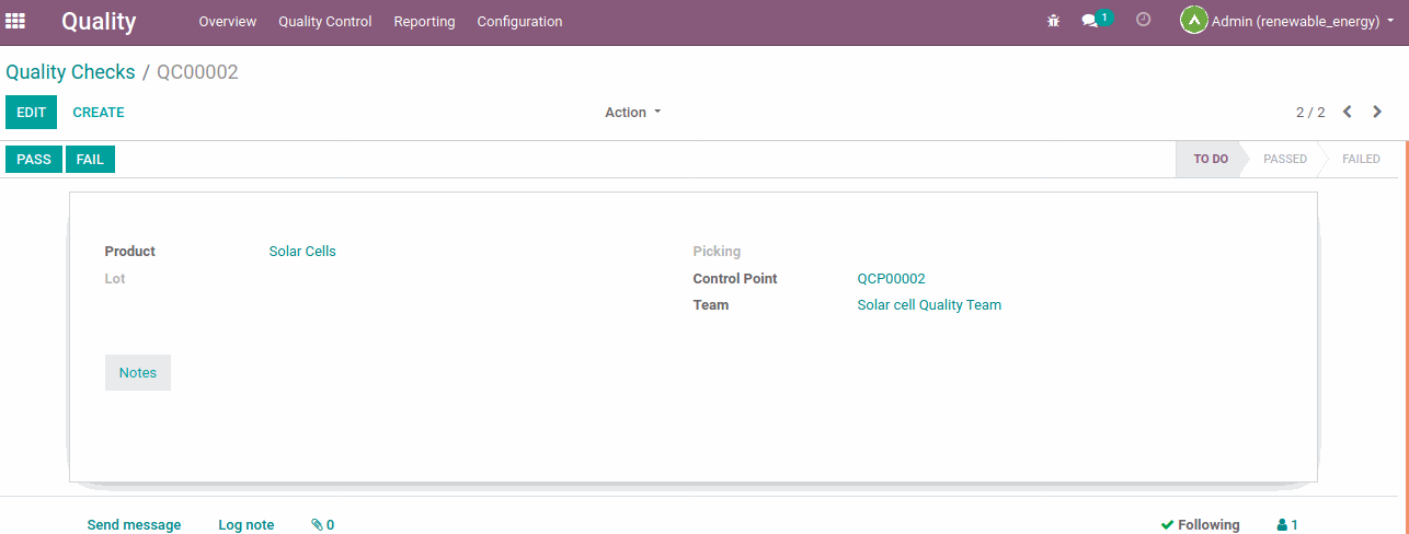 Quality Control There are two different situations to consider and that will differ in Odoo processes:  You work with simple manufacturing flows  You work with complex manufacturing flows that are represented by the use of routings in Odoo.  Create quality checkpoint