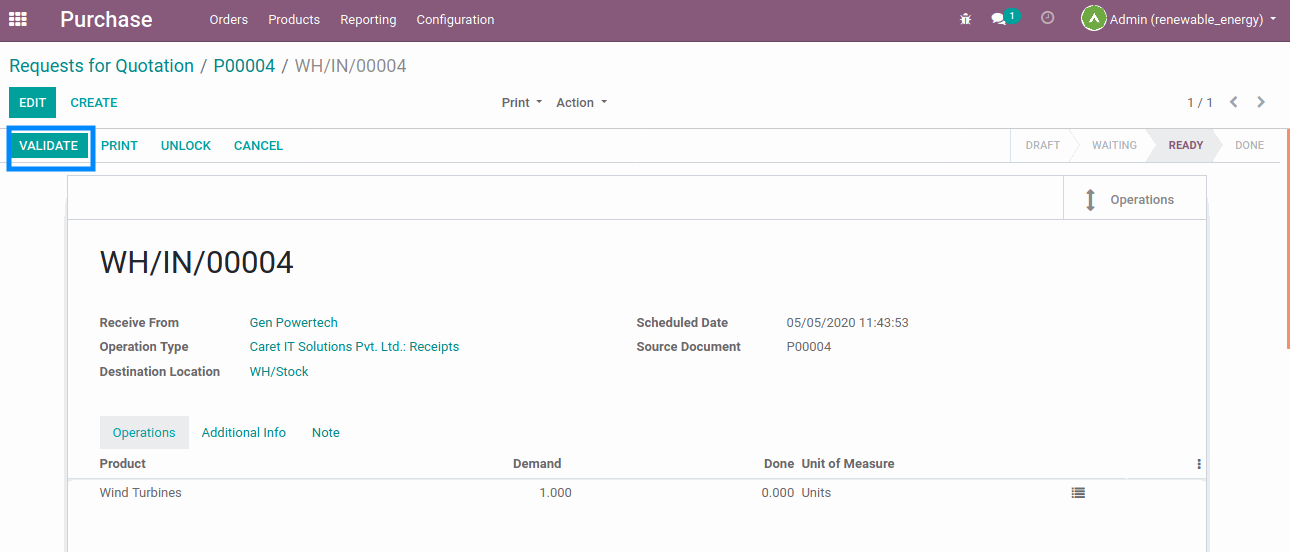 Receipt Product from Supplier Set components as will be supplied with the subcontracts on order so it produces a delivery order to deliver the components to the subcontractors now click on the validate button.