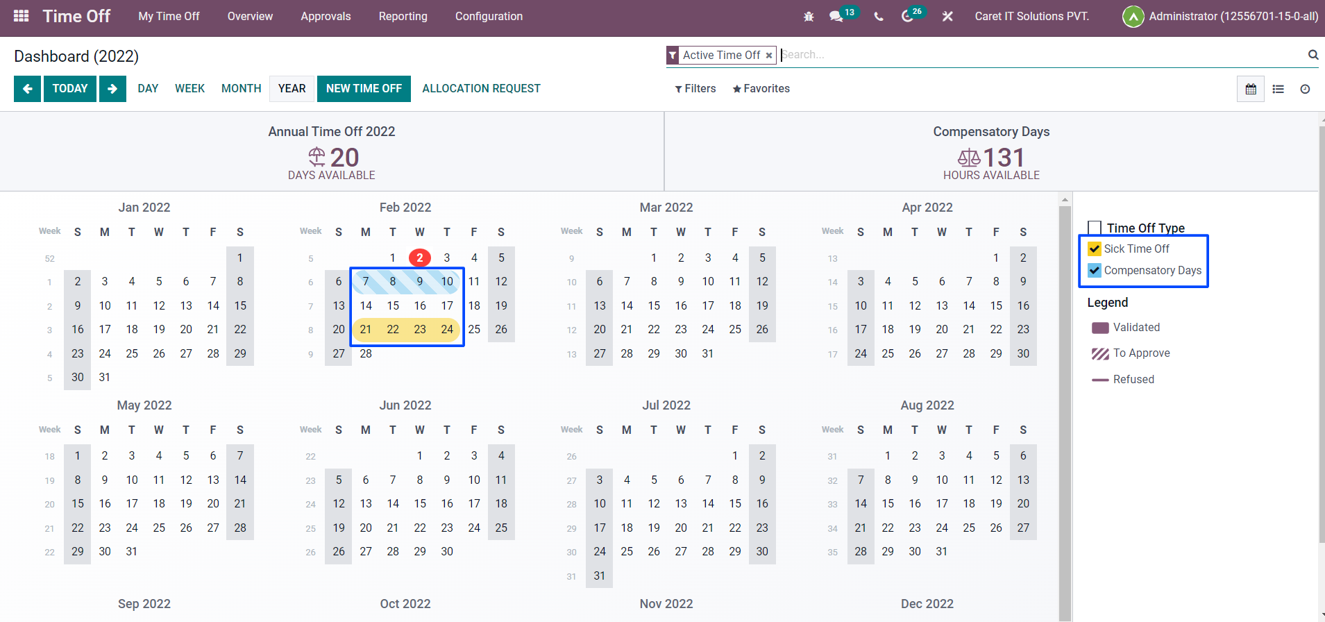 Time Off (Leave Management) HR Payroll has moving to the Enterprise version from v13 onwards. There’s also a new payroll planning feature, along with some HR features. Different Time Off types can be managed by assigning different colors and can be differentiated on the Dashboard.