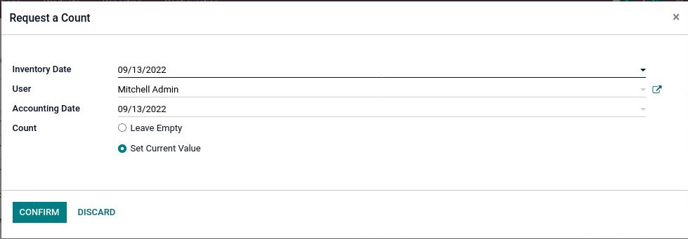 A popup dialog box with the title "Request  A Count" pops up. Fill in all the details like inventory date, when the salesperson is scheduled to count inventory, etc. Then the another field is "User", where the responsible salesperson for the inventory count will be mentioned, It is possible to include on which date these inventory alterations impact and reports. To count, you have the two options: "Leave Empty" and "Set Current Value". When the salesperson is logged in to the system, the current stock value of that will be shown up in the counting field while setting the "Set Current Value" of the stocks.